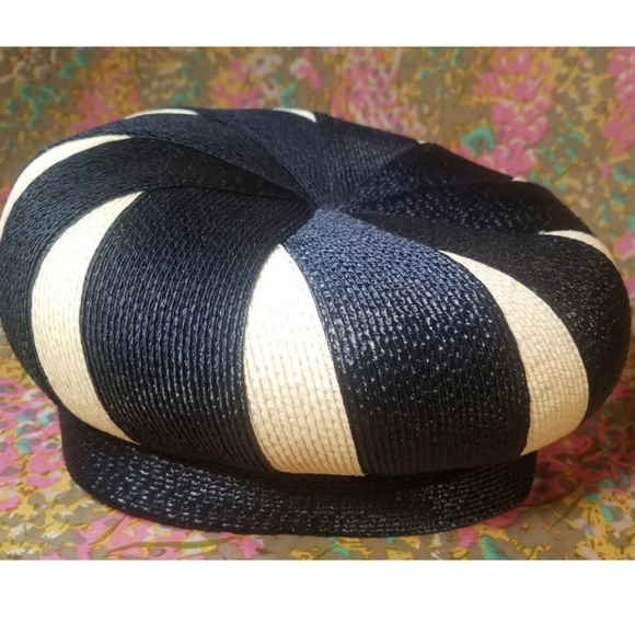 Vtg Blue and White Striped Straw Hat - Woodward & Lothrop Washington D.C. Sz 6 - Picture 8 of 13